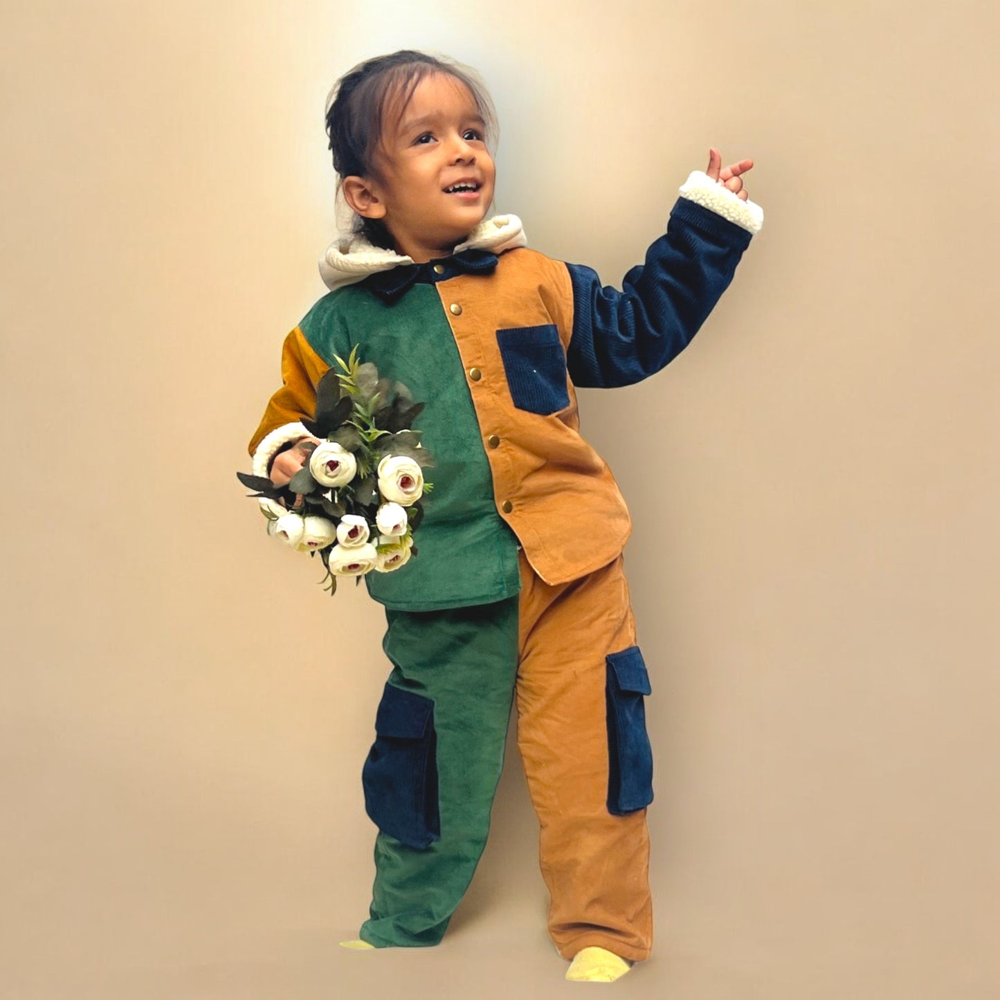 Corduroy Shacket & Pant Set for Kids – Colour Block with Detachable Hoodie