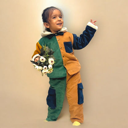 Corduroy Shacket & Pant Set for Kids – Colour Block with Detachable Hoodie