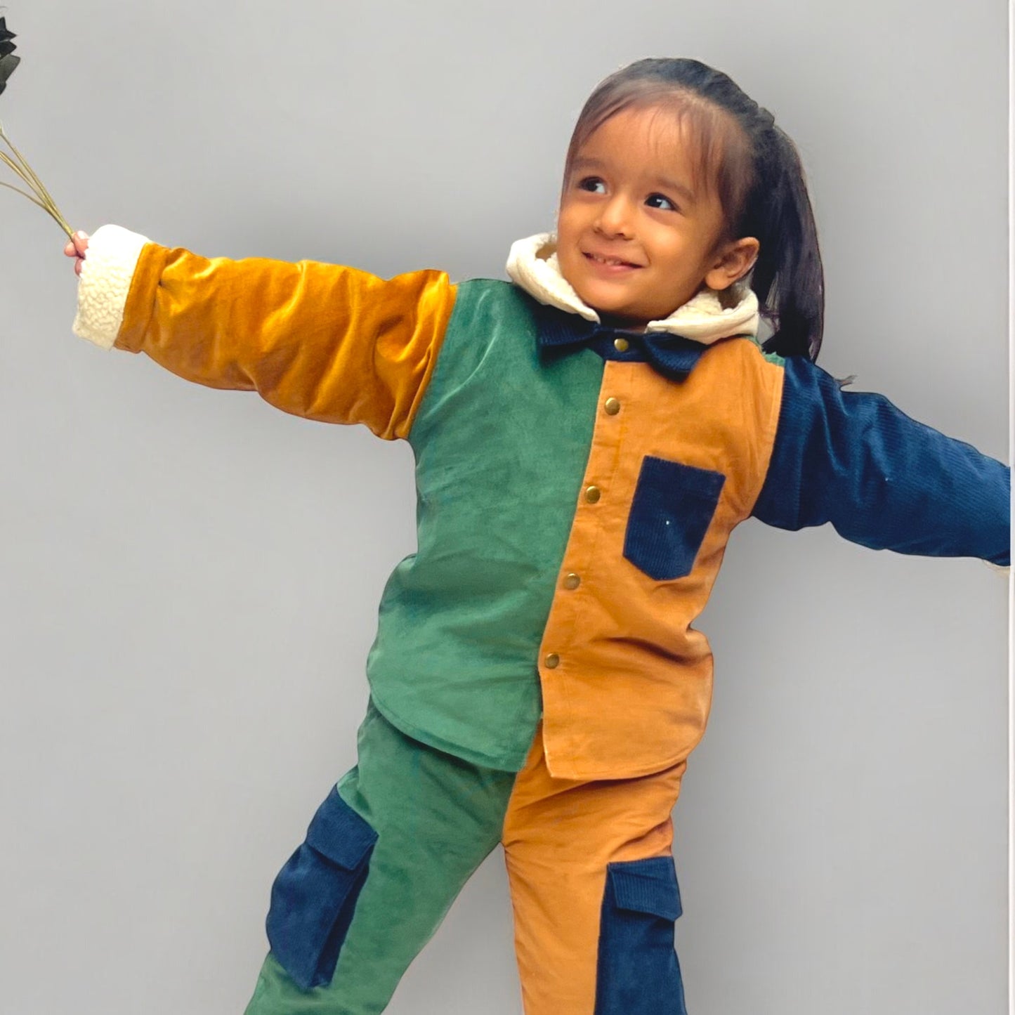 Corduroy Shacket & Pant Set for Kids – Colour Block with Detachable Hoodie