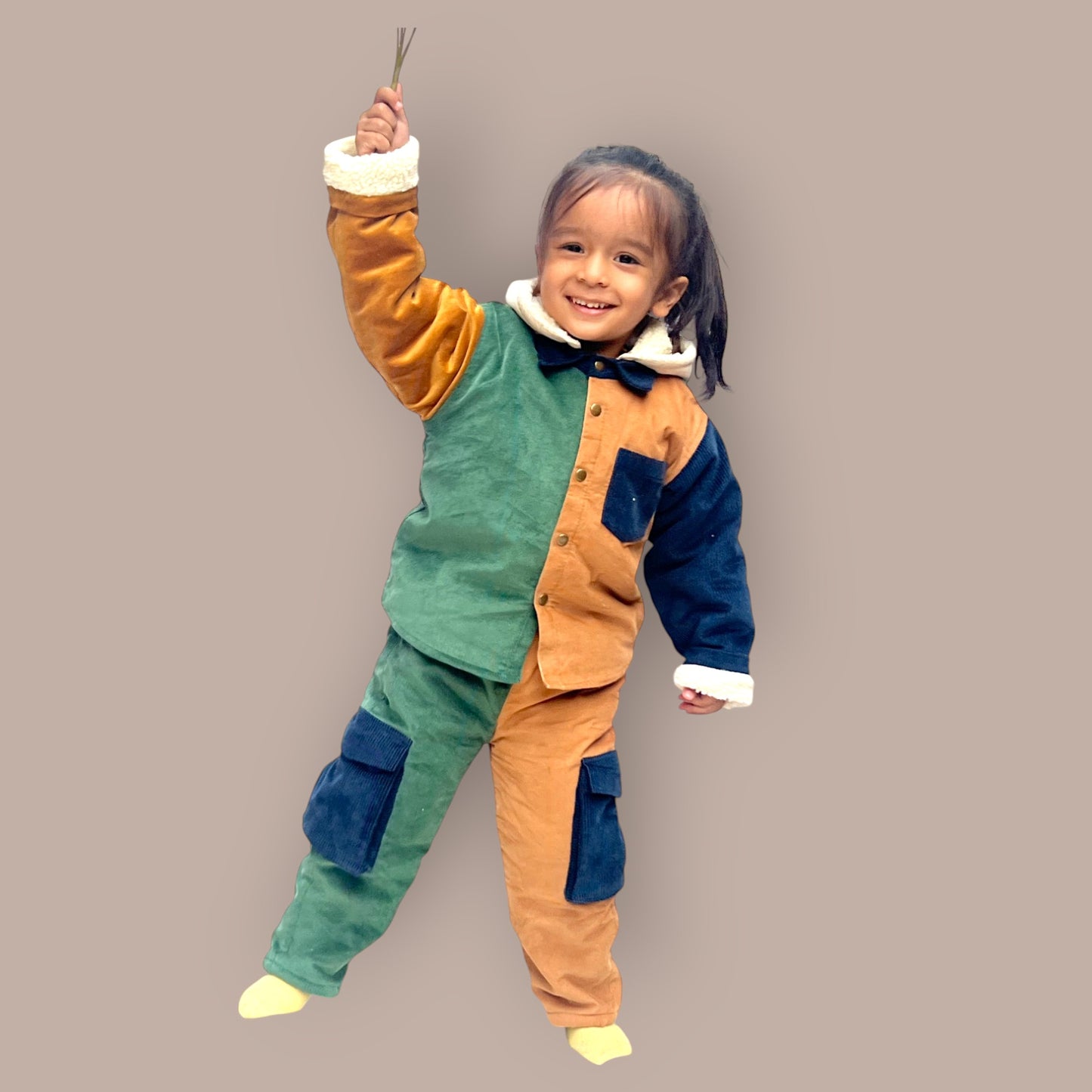 Corduroy Shacket & Pant Set for Kids – Colour Block with Detachable Hoodie