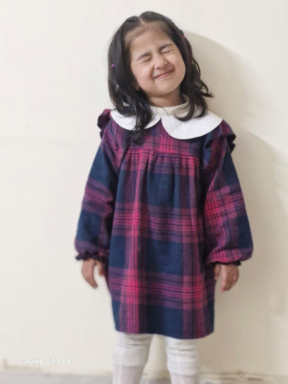 Cotton Flannel Plaid Dress for Girls – Peter Pan Collar in Wine
