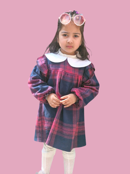Cotton Flannel Plaid Dress for Girls – Peter Pan Collar in Wine