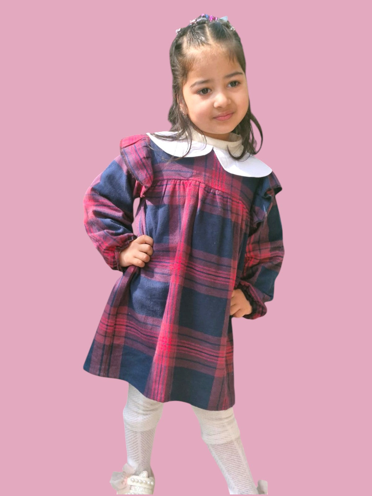 Cotton Flannel Plaid Dress for Girls – Peter Pan Collar in Wine