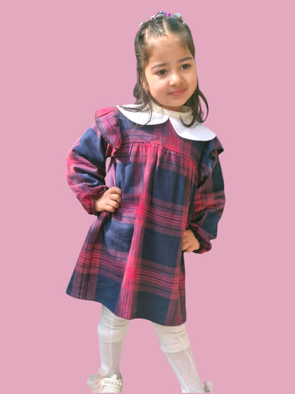 Cotton Flannel Plaid Dress for Girls – Peter Pan Collar in Wine