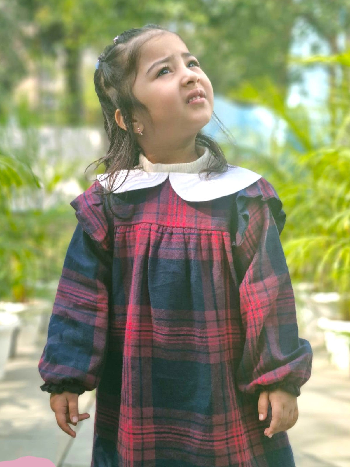 Cotton Flannel Plaid Dress for Girls – Peter Pan Collar in Wine