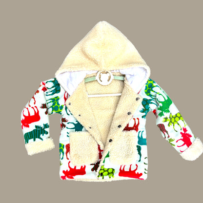 Cotton Flannel Jacket for Kids – Unisex with Sherpa Fur Lining & Patched Pockets in Multicolour Reindeer