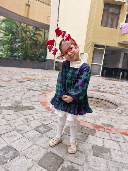 Cotton Flannel Plaid Dress for Girls – Double Layer, Flared in Christmas Green