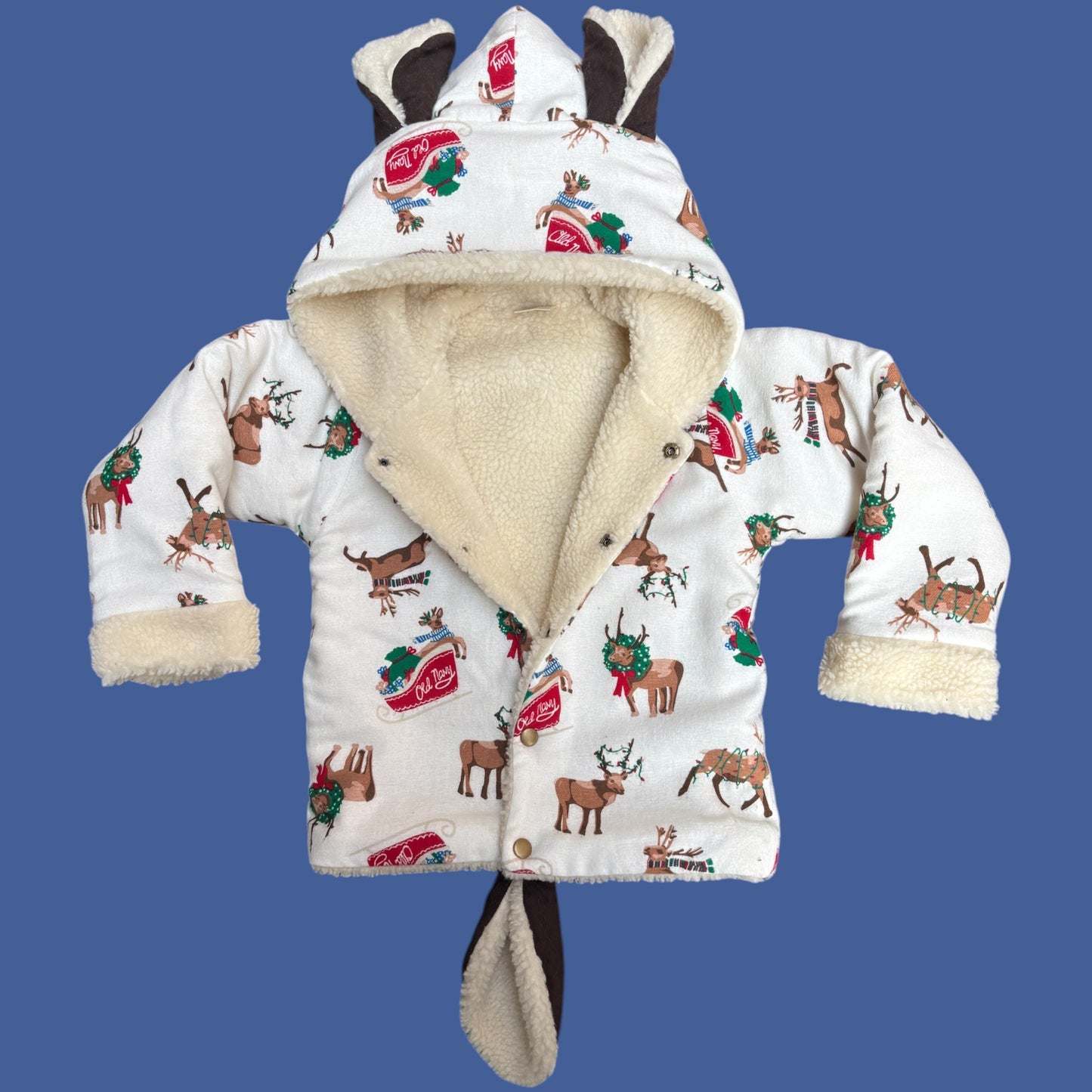 Cotton Flannel Winter Jacket for Kids – Unisex with Sherpa Fur & Reindeer Appliques