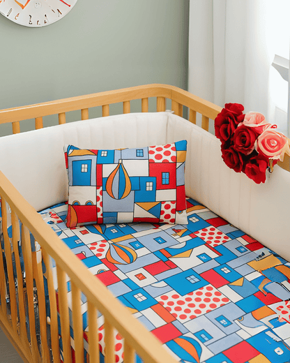 Cotton Bedsheet Set for Baby Crib & Bassinet – with Pillow Filler, Cover, and Safe Keep Pouch (4 Pcs)