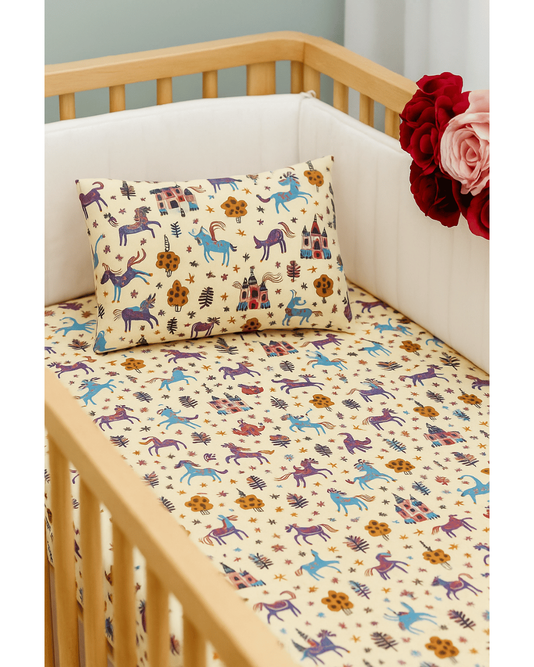 Cotton Bedsheet Set for Baby Crib & Bassinet – with Pillow Filler, Cover, and Safe Keep Pouch (4 Pcs)