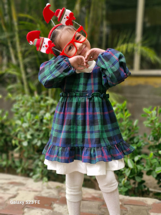 Cotton Flannel Plaid Dress for Girls – Double Layer, Flared in Christmas Green