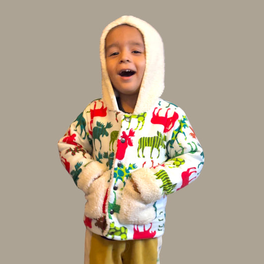 Cotton Flannel Jacket for Kids – Unisex with Sherpa Fur Lining & Patched Pockets in Multicolour Reindeer
