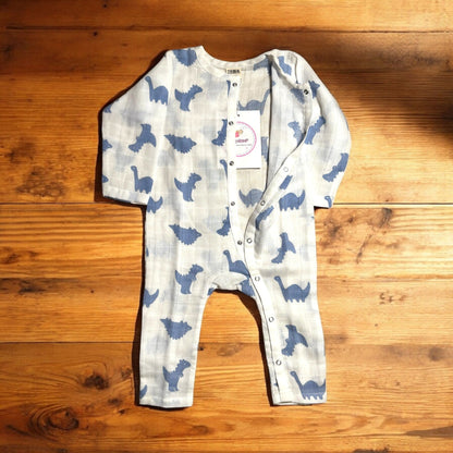 Organic Cotton Muslin Snap Up Rompers - Combo of 2 (Dino + Cherry)